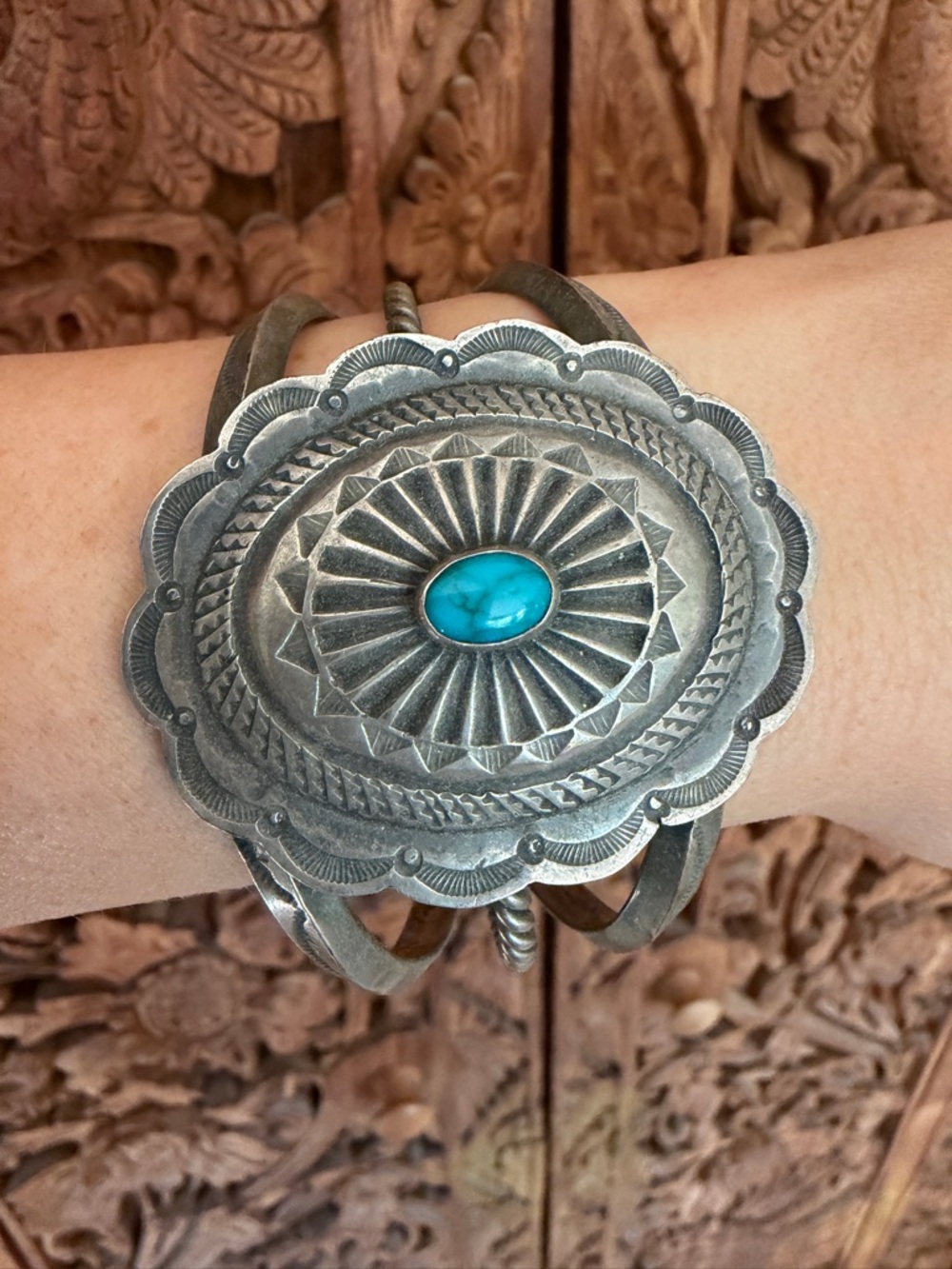 Large Turquoise Sterling Silver Cuff Bracelet- Southwestern Navajo Style